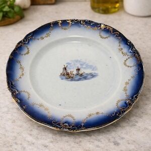 Vintage Windmill Boat Bread & Butter Plate Cobalt Blue Gold Trim